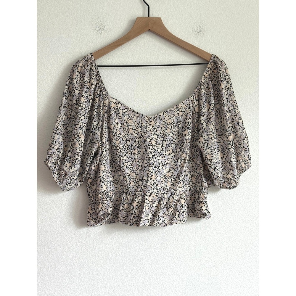 Stitch & Pine‎ Floral Crop Top Linen Blend Lavender Boho Puff Sleeve Tie Back L